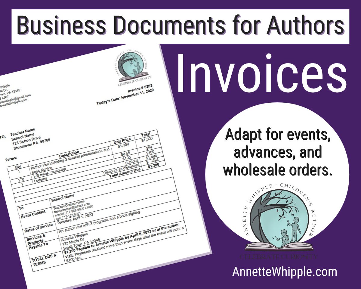 #authors Do you have an invoice template for events, contracts, and wholesale orders? If not, it's time! >> annettewhipple.com/2024/04/invoic… #WritingCommunity #kidlit #writers