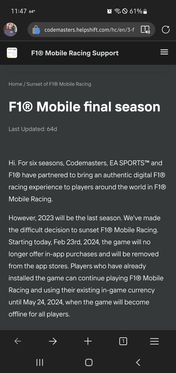 I knew as soon as @EASPORTS bought @Codemasters that things would go badly. They cant make their 'benchmark' millions, so to hell with it, kill the game completely. This makes no sense. So I guess after May 24, 2024 the game becomes unplayable? 

Why not charge for the game?