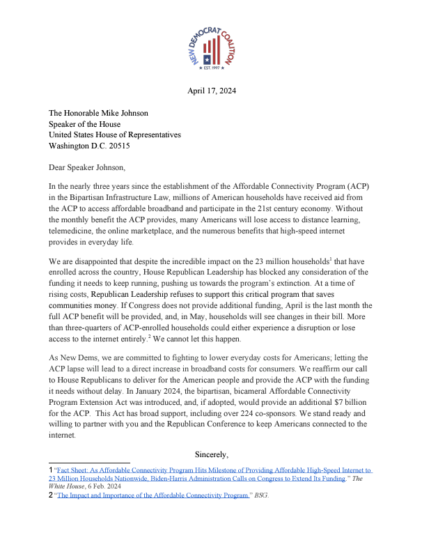 Today, 1 in 10 households in PA-06 will lose access to affordable broadband because House Republicans let the #AffordableConnectivityProgram expire. I joined my @NewDemCoalition colleagues to strongly oppose this & urge Speaker Johnson to reconsider funding this vital lifeline.