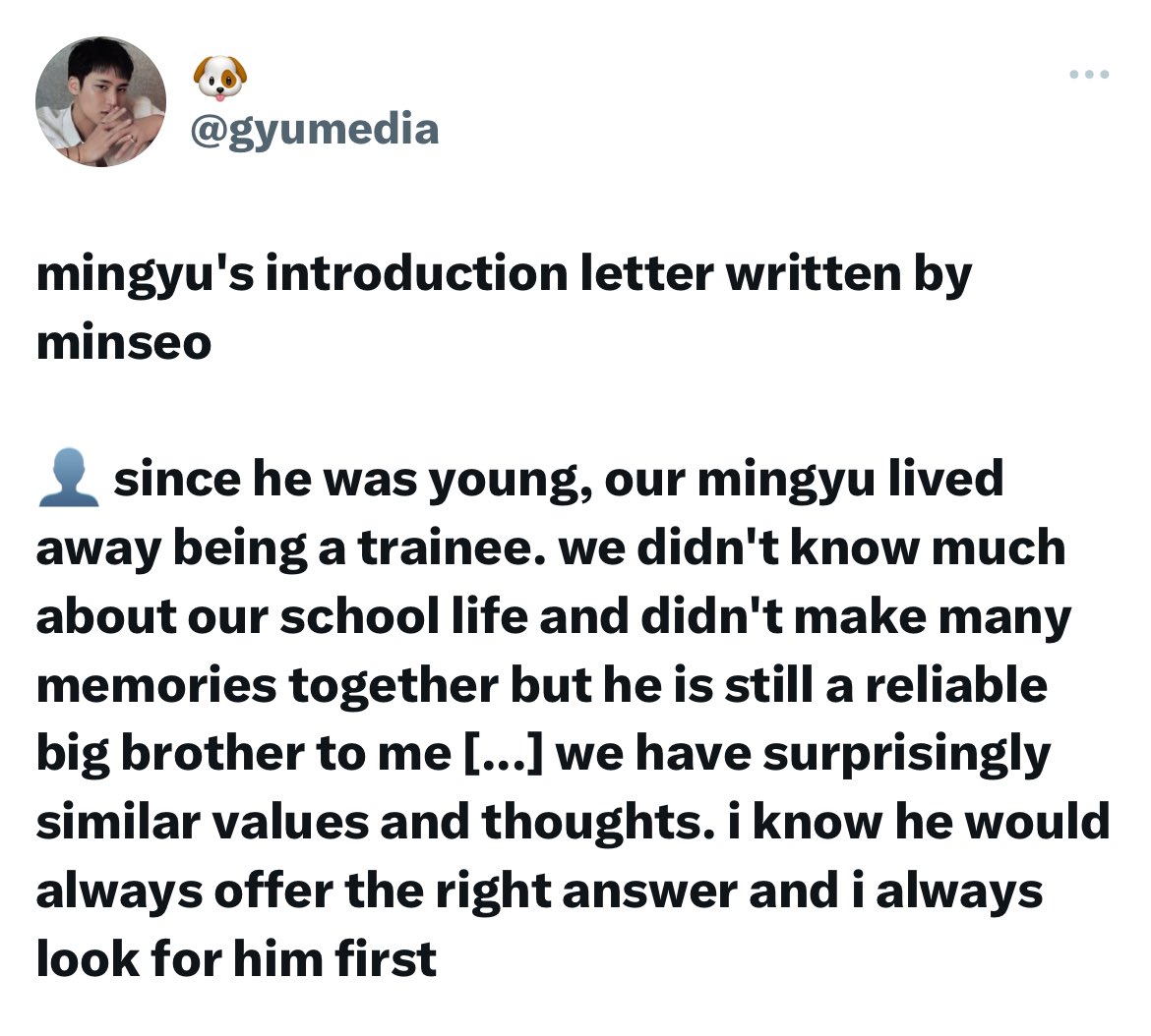 my heart always aches when mingyu reveals how big of a family man he is :’) always spending time w his family, talking abt how much they mean to him, and how they raised him with so much love. its clear he grew up in such a loving enviroment which is why he the way he is today 💗