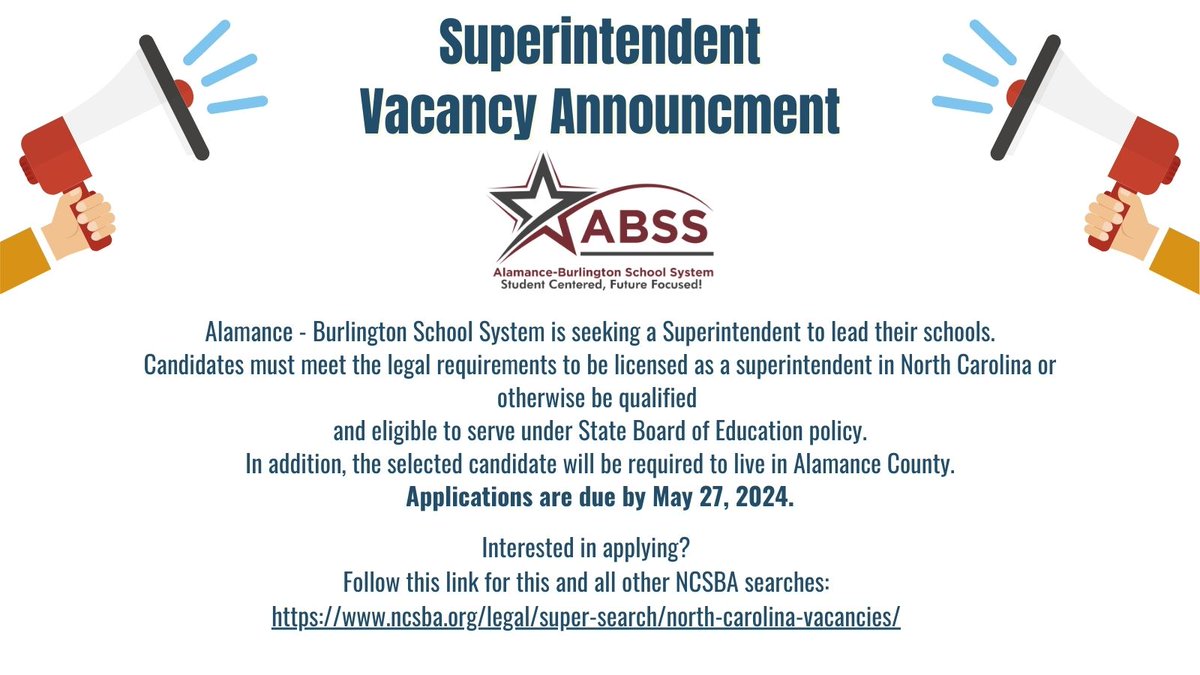 New Superintendent Vacancy: Alamance - Burlington School System. Applications are due by May 27, 2024. Apply here: ncsba.org/super-search/n…