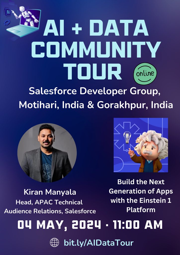Build the Next Generation of Apps with the Einstein 1 Platform. RSVP: bit.ly/AIDataTour Thanks to Salesforce Developer Group, Gorakhpur, India, and @SunnyPatwa98 for collaboration in this virtual Meetup. #Salesforce #TrailblazerCommunity #Meetup #MotihariMeetup