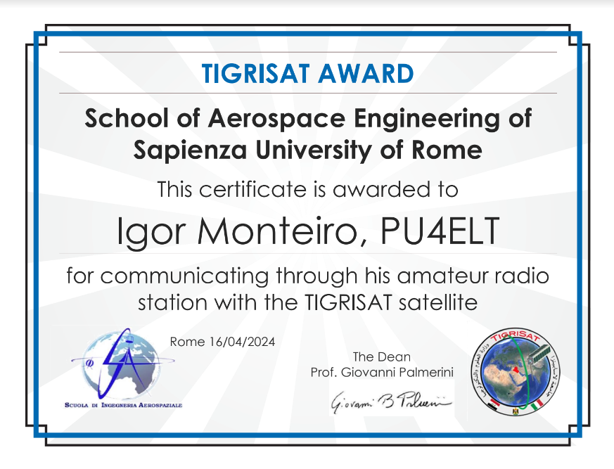 PU4ELT's tweet photo. 2024-04-16 19:13UTC
That day I was receiving 🇮🇶-🇮🇹 TIGRISAT, a small #CubSat 3U made by Iraqi students at La Sapienza University in Rome
It was a pleasant surprise to see a post on the school's Linkedin page mentioning my reception
@SapienzaRoma https://t.co/rp5kktQQCS