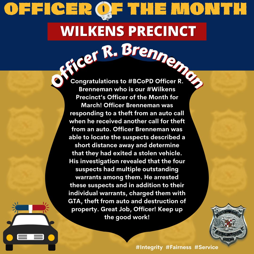 🔊Congratulations to #BCoPD Officer R. Brenneman who is our #Wilkens Precinct's👮🏼‍♂️Officer of the Month for March! 👮🏼‍♂️He investigated and charged 🚨four suspects for GTA, theft from auto and destruction of property! Way to Go, Officer Brenneman! We appreciate you!👏🏼