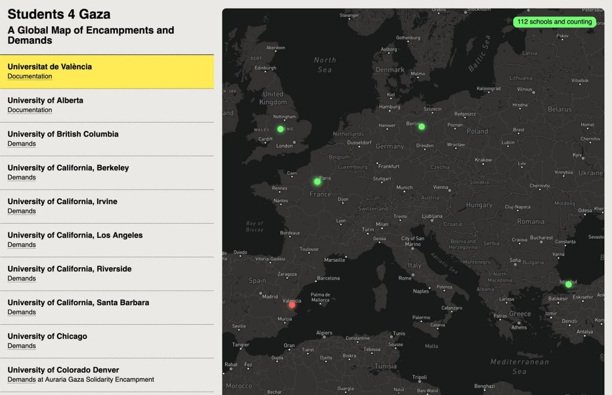La Universitat de València en el mapa global d'acampades universitàries contra el genocidi palestí! 🇵🇸

 students4gaza.directory

#AcampadaPalestinaUV @acampadaUV