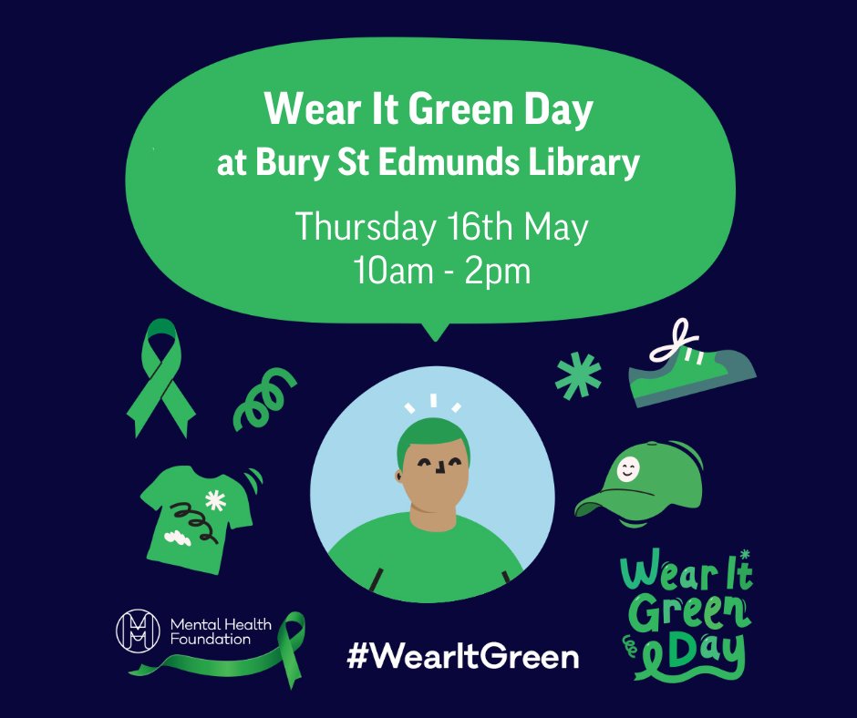Join us for Wear It Green Day on Thurs 16 May during Mental Health Awareness Week and let’s turn the world green for good mental health. We will be welcoming The Chimneys Clinic a rehabilitation service from Rougham, with their pop-up-shop, 10-2. Come and get your green ribbon!