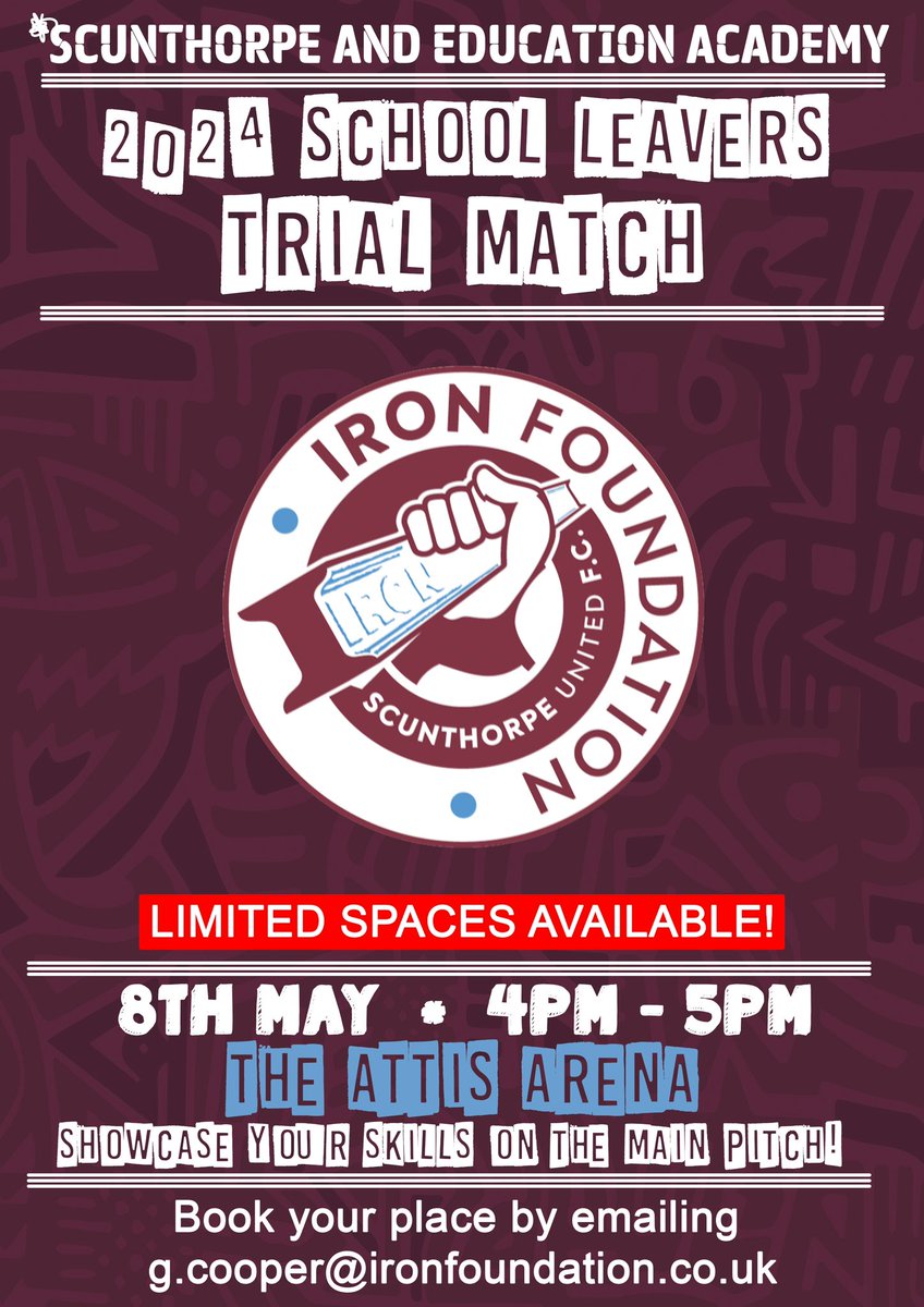 🚨 ATTENTION 2024 SCHOOL LEAVERS ￼🚨 2024 school leavers are invited to our trial match on the main pitch at the Attis Arena at 4pm on May 8th. Book your place by emailing g.cooper@ironfoundation.co.uk. #UTI #IRONEducation