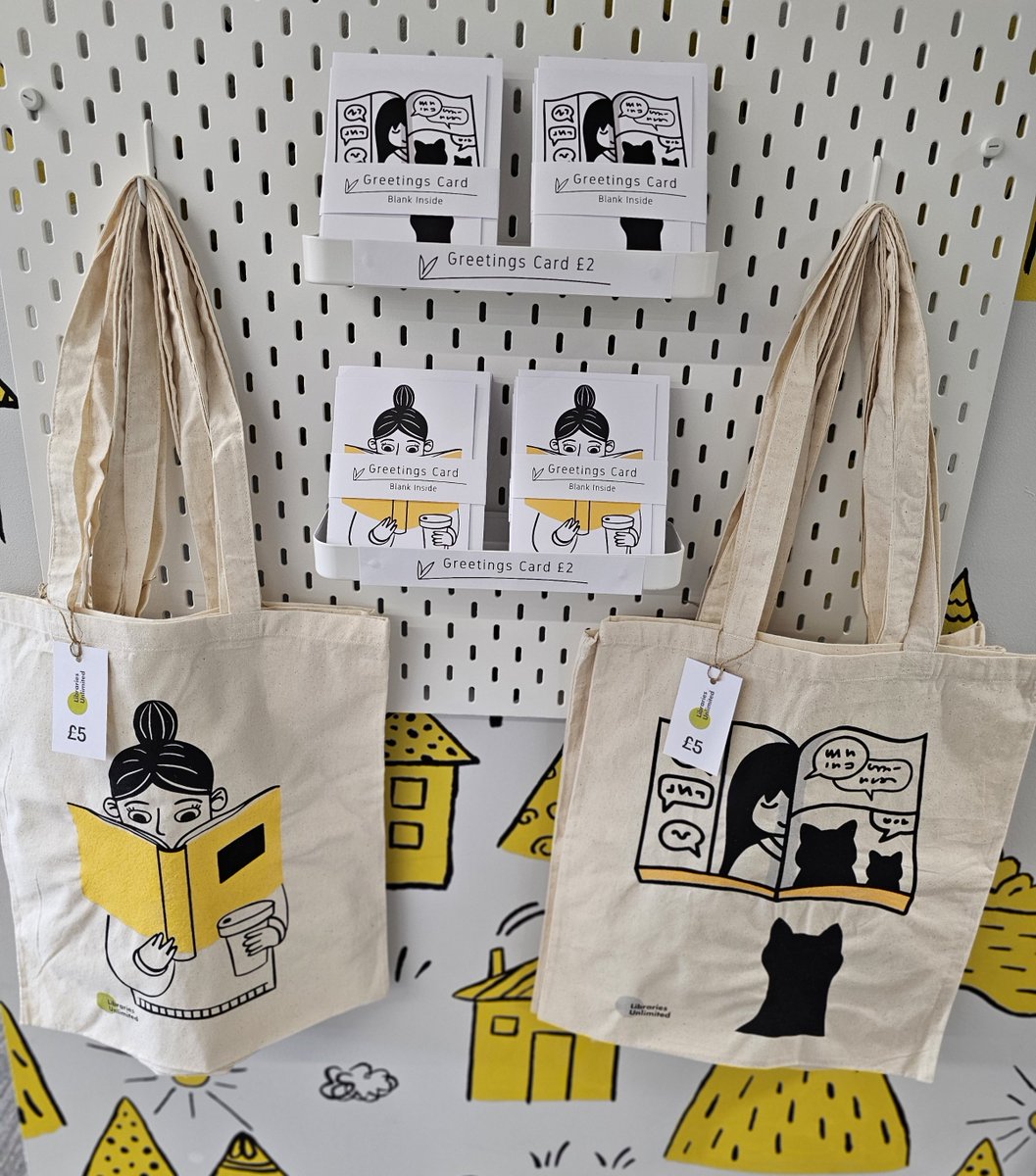 New library merch! Do you like cats?🐈‍⬛ Do you like cats reading books about cats?😼📖 Do you like holding coffee?☕️ Then we've got just the merch for you! Tote bags and greetings cards. Buy from the Exeter Library help point now. Buy soon. Preferably today. Thank you.