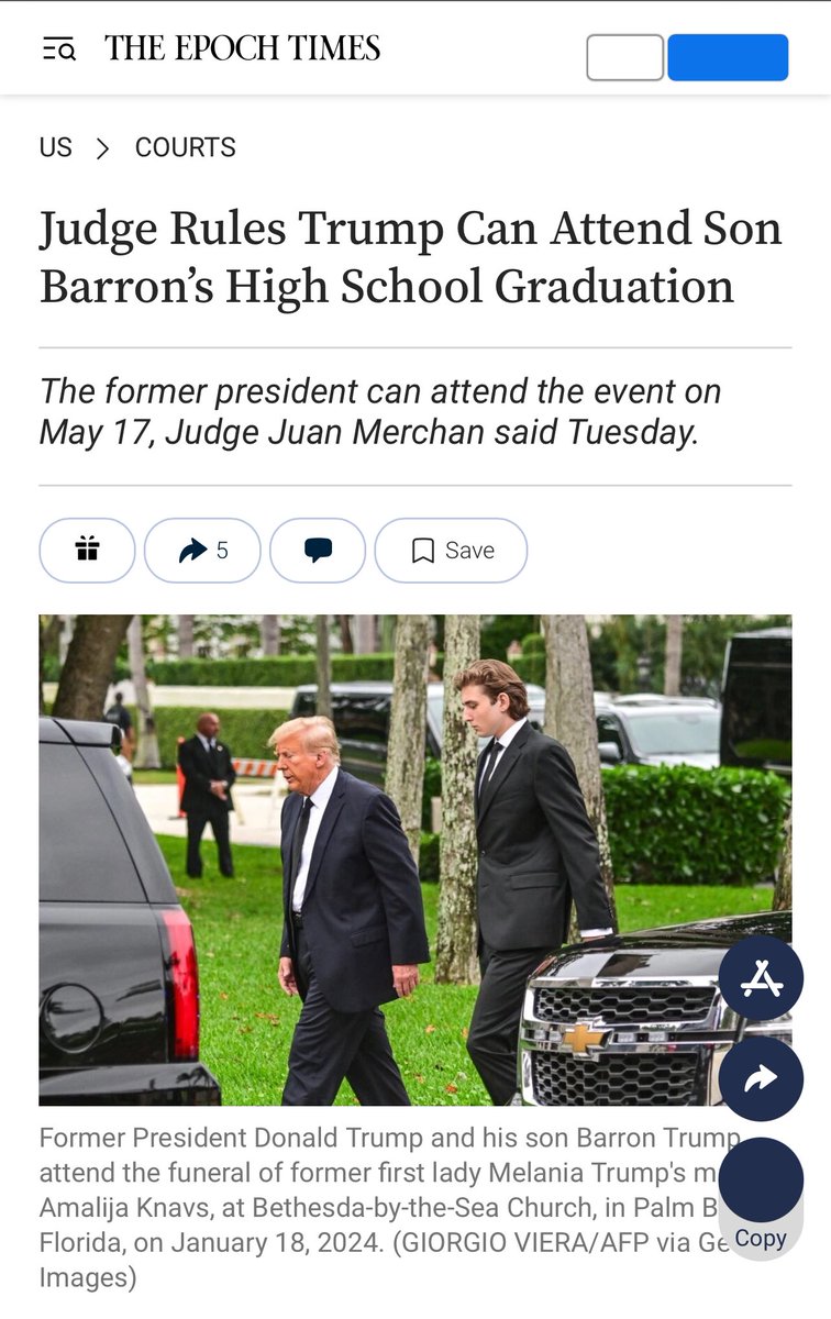 Great news for Barron and @realDonaldTrump. 🎉

Judge Merchan is letting Trump attend Barron’s Graduation. Why he didn’t allow it in the first place is beyond me. 

It just goes to show that this case is a political farce trying to prevent Trump from being President again.