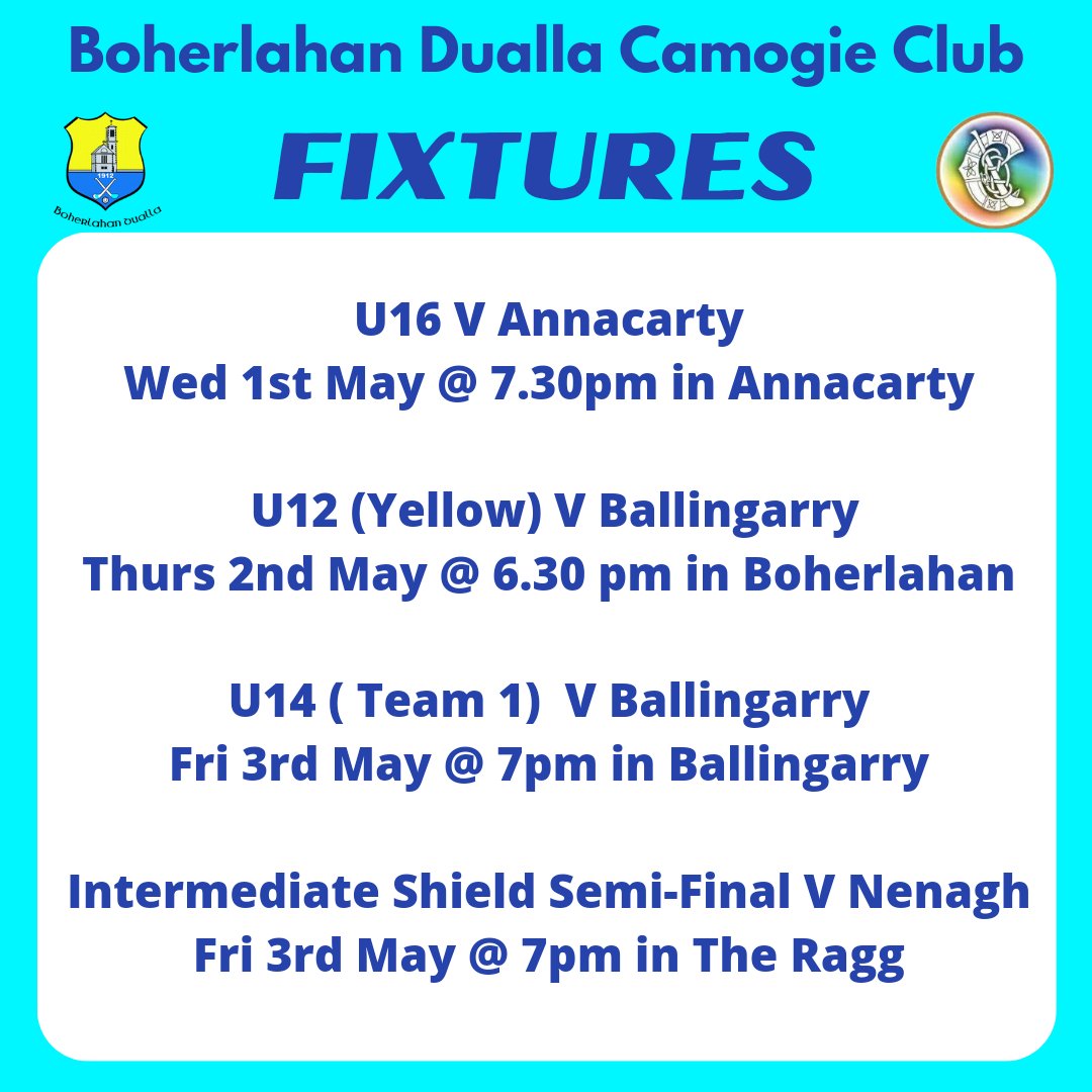Update on previous fixtures: U12 (Team 1) match tonight is postponed. Best of luck to Junior B2s and U12 (Blue) who are both playing this evening. Upcoming Fixtures: