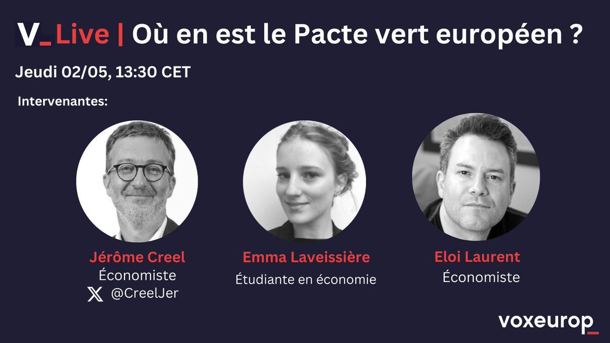 🎙 Où en est le 🇪🇺 Green Deal ? Demain (!), les économistes @CreelJer & Eloi Laurent, et l'étudiante Emma Laveissière s'exprimeront sur son avancement. Un événement modéré par @andre_cath & @gpaccardo 🗓2/05 à 13h30 CET. Pour s'inscrire⬇️ voxeurop.eu/fr/event/live-…