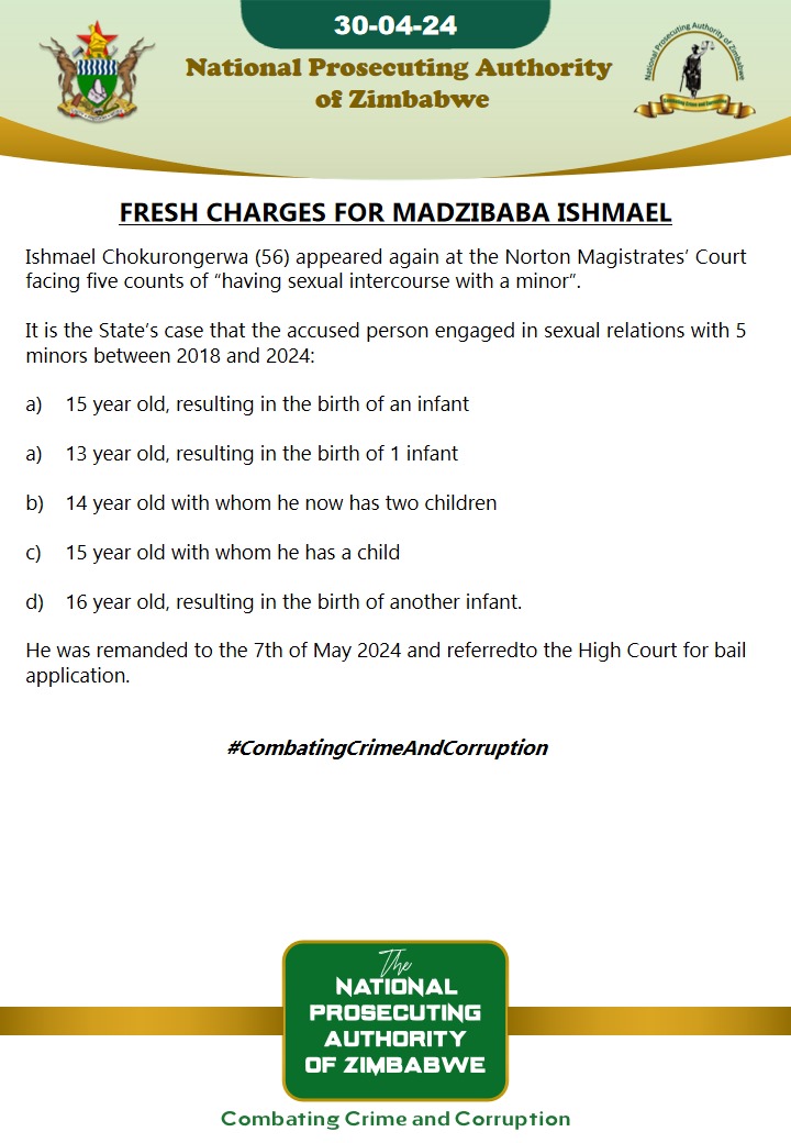 Apostolic sect leader Ishmael Chokurongerwa better known as Madzibaba Ishmael is facing 5 fresh counts of having sexual intercourse with a minor. He was remanded in custody to 7 May and referred to the High Court for bail application. @mudzengie @MUSASAZIM @wlsazw @ZimRightsLIVE