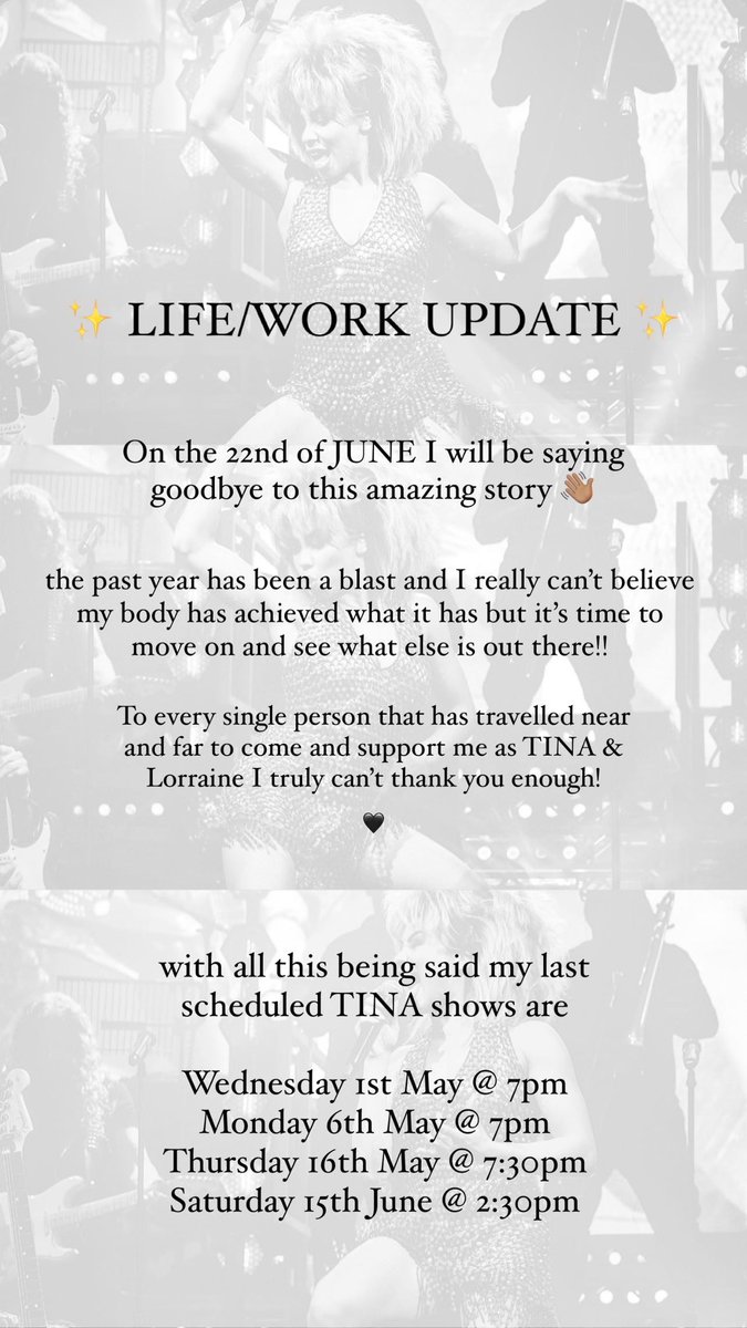 ZaraMacIntosh_'s tweet image. saying goodbye and thank you to Tina on 15th June @ 2:30pm - all other dates can be found below 👇🏽 🥹🖤✨