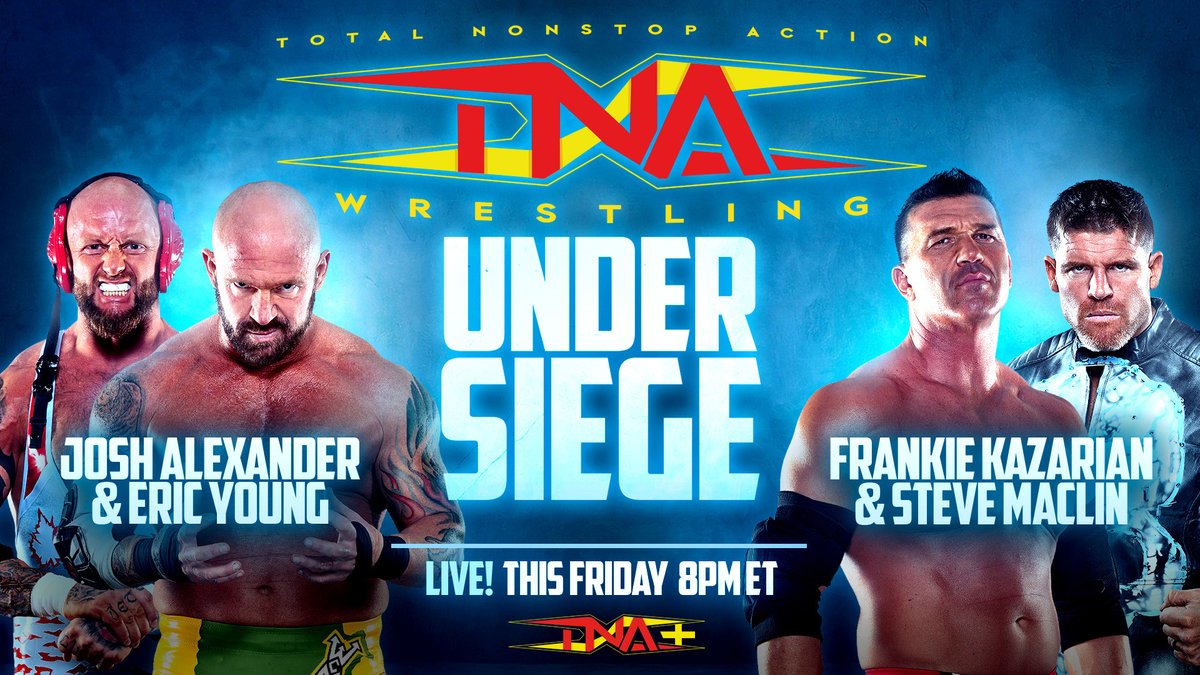 .@Walking_Weapon and @TheEricYoung team up against the formidable duo of @SteveMaclin and @FrankieKazarian THIS FRIDAY at #TNAUnderSiege! 🎟️: ticketmaster.com/tna-wrestling-… 📺: watch.tnawrestling.com/live/263383