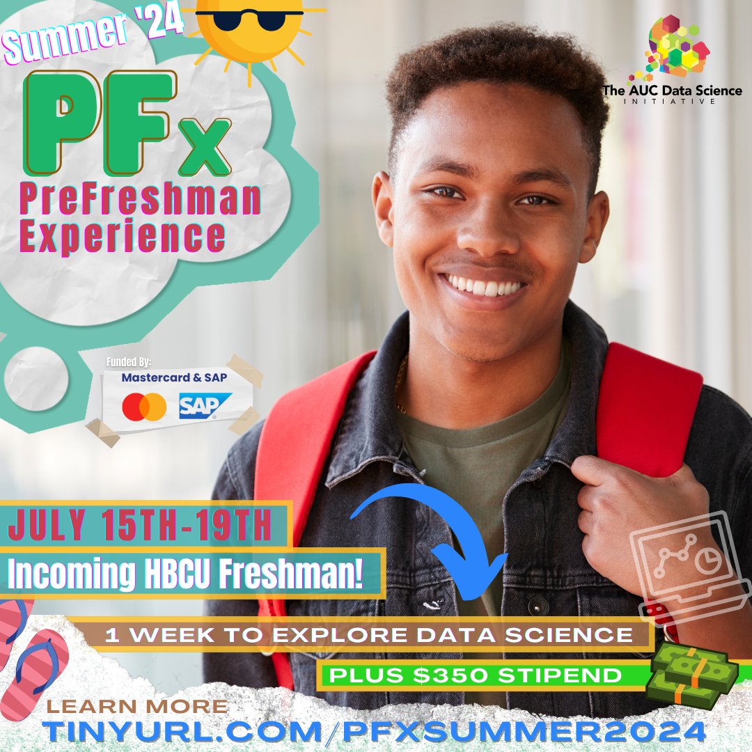 Attention incoming HBCU freshmen and educators! 📣 @aucdatascience is currently accepting applications for Instructors, Research Mentors, and participants for their PreFreshman Experience (PFx) July 15-19! Applications are due 6/1/24! Read more here: hubs.li/Q02v5cHS0