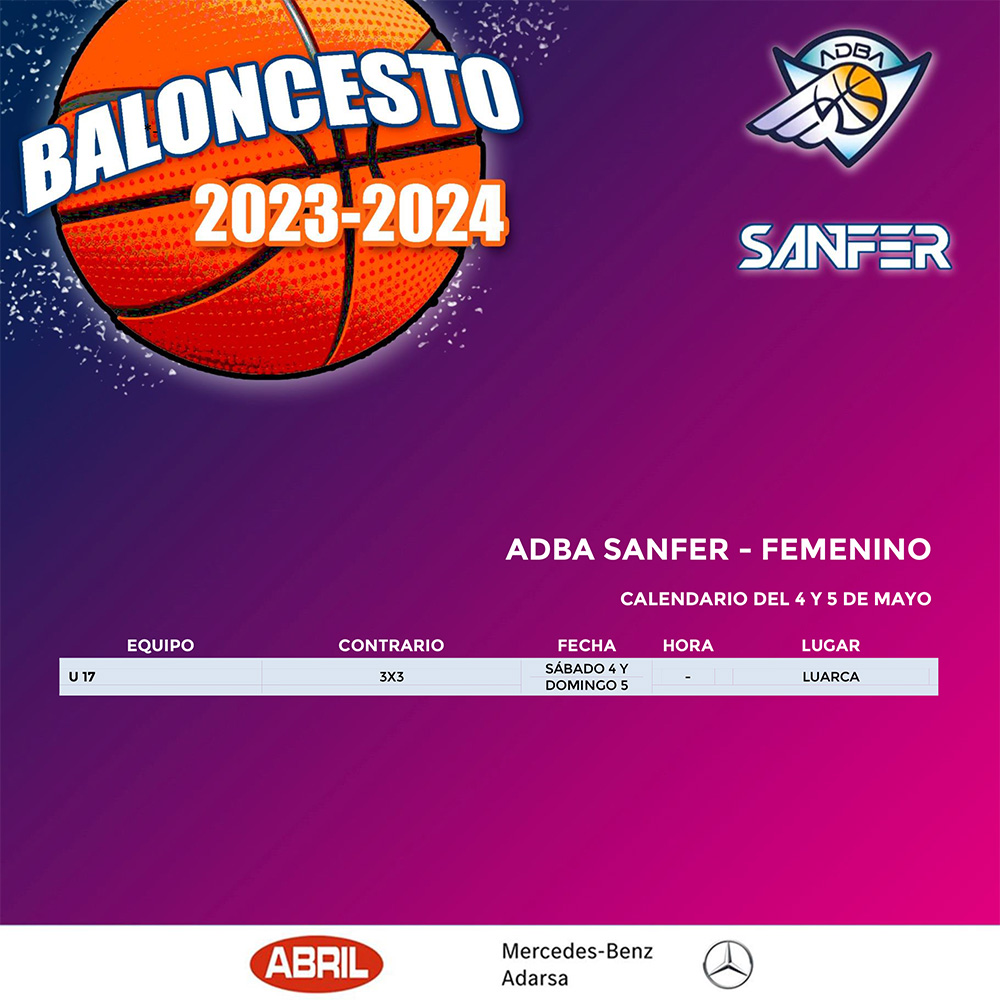 🏀 CALENDARIO DEPORTIVO - BALONCESTO
📆 DEL 2 AL 5 DE MAYO

¡Vamos #Sanfer! 💪

#deportes #baloncesto #laolarosa
#AceitesAbril
@ADBA87 
@AdarsaMercedes