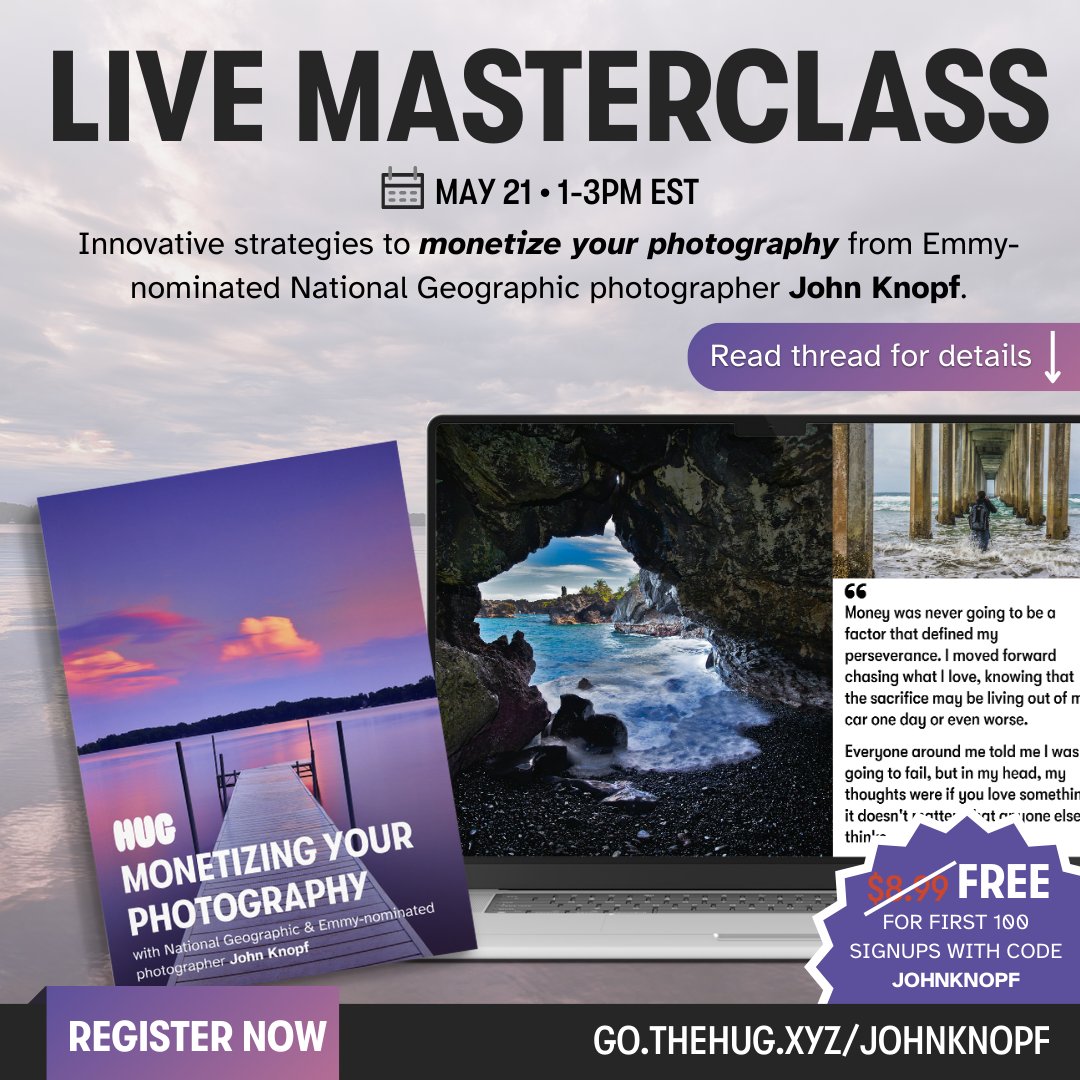 Register Now • Monetiziation Masterclass with @JohnKnopfPhotos @NatGeo & Emmy-nominated photographer John Knopf is here to share his entrepreneurial expertise with you. This $8.99 course is FREE for the first 100 to sign up with the code JOHNKNOPF. Sign up in the HUG Shop⤵️