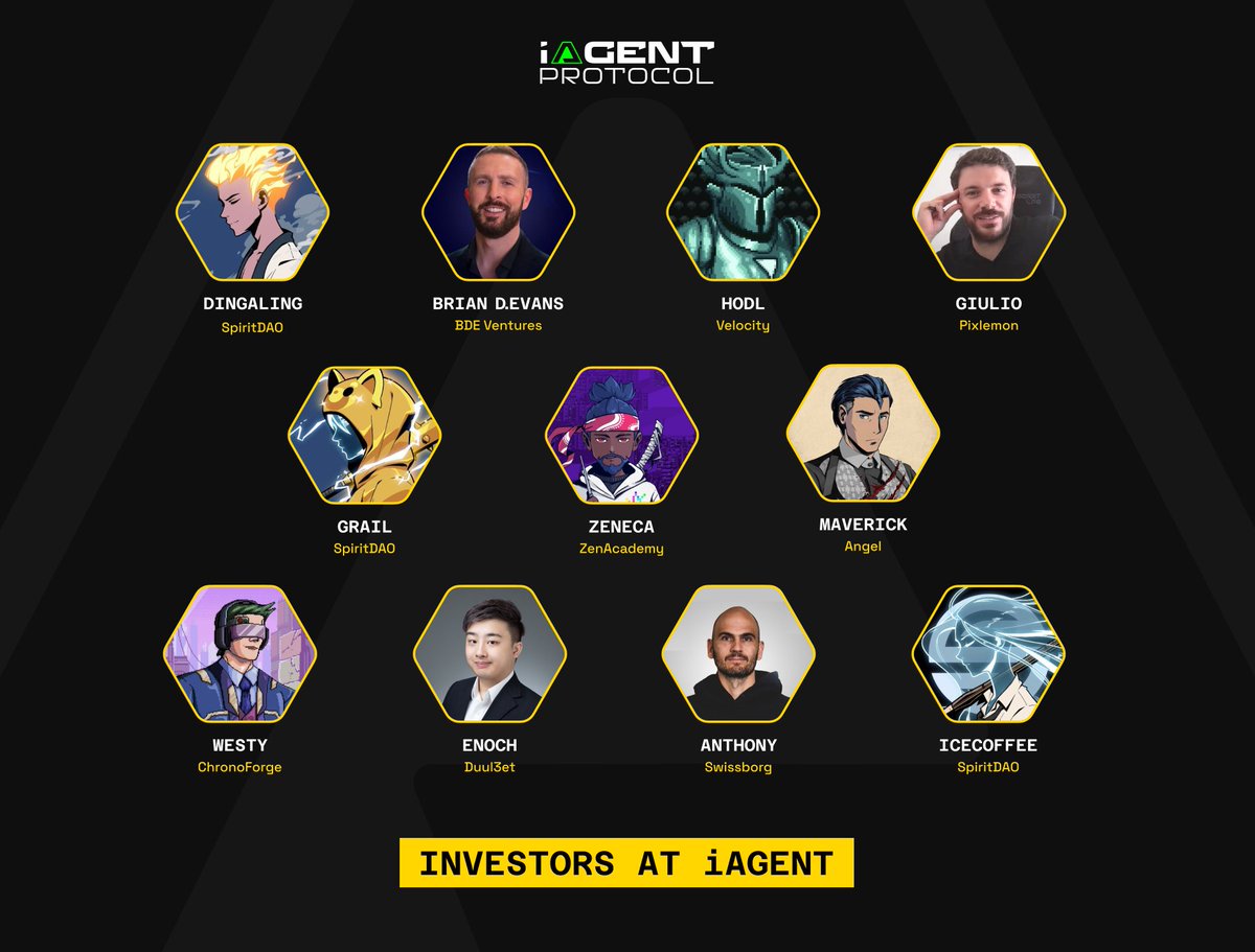 At iAgent, we are powered by Investors who share our vision and fuel our dedication to AI, DePIN &amp; Gaming.🤝

<a href="/dingalingts/">dingaling</a>, <a href="/BrianDEvans/">Brian D. Evans</a>, <a href="/rahulkalra15/">dMonke.Sol</a>, <a href="/graildoteth/">Grail.eth</a>, <a href="/Zeneca/">Zeneca🔮</a>, <a href="/maverick23NFT/">maverick</a>, <a href="/Westy_Dev/">Westy💾</a>, <a href="/0xSpiritZero/">SpiritØ零靈</a>, <a href="/AnthoLGSB/">Antho</a>, <a href="/IcedcoffeeEth/">Icedcoffee 🧊☕</a>

We're incredibly grateful for