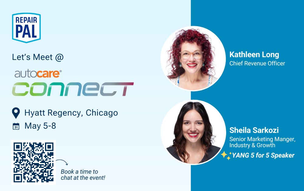 We are attending Auto Care Connect! Kathleen Long, CRO and Women in Auto Care Board Member, as well as Sheila Sarkozi, Marketing Manager and YANG 5 for 5 Speaker, will be attending May 5-8 at the Hyatt Regency in Chicago.

#repairpal #YANG5for5 #YANG #womeninautocare