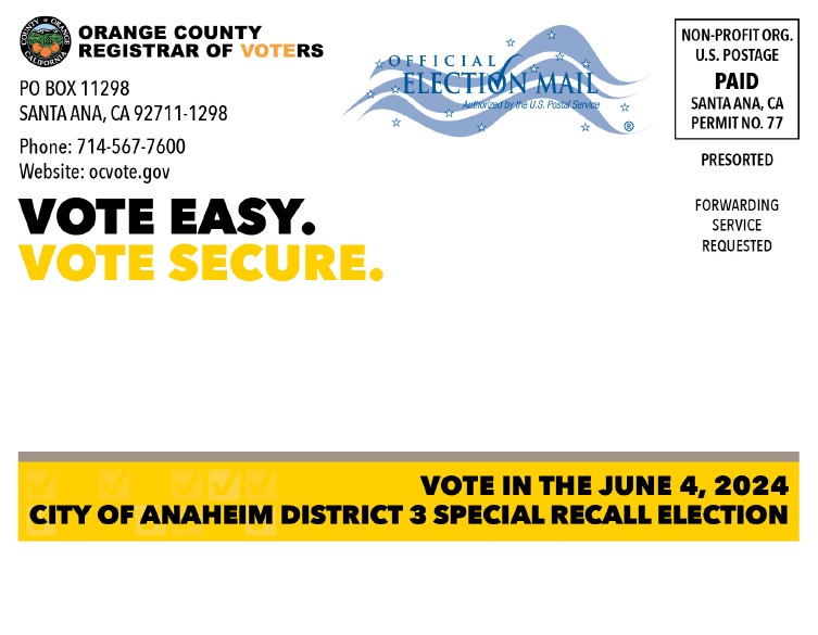 We recently mailed postcards to all registered voters in the City of Anaheim District 3. This postcard provides voters with a brief overview of their voting options. For more information, visit: ocvote.gov/elections/2024… #VoteEasyVoteSecure #VoteReady #YourVoiceYourChoice