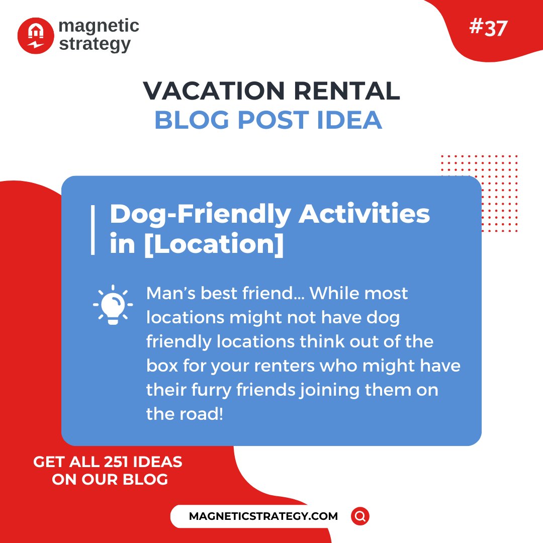 While most locations might not have dog friendly spots think out of the box for your renters who might have their pets joining them on the road! 

#vacationrentals #vacationrentalmanagers #vrm #shorttermrentals #propertymanagers #propertymanagement #blogging #contentideas