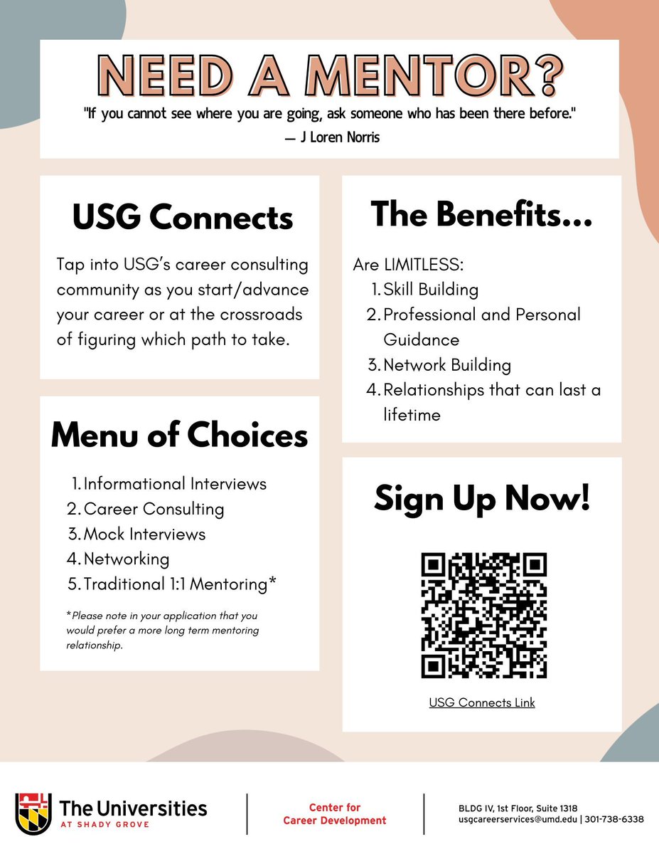 Need a mentor and/or job guidance? Sign up for the USG Connects Career Consultant Program to enjoy the many benefits that the Center for Career Development offers! bit.ly/USG-Connects