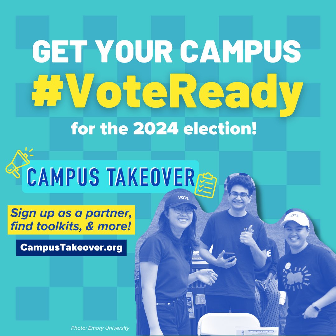 #CampusTakeover is making it easy (and fun!) to get registered and educated about your local, state, and national elections. Show up for your campus community in 2024 and make an impact with your vote. Learn more at CampusTakeover.org