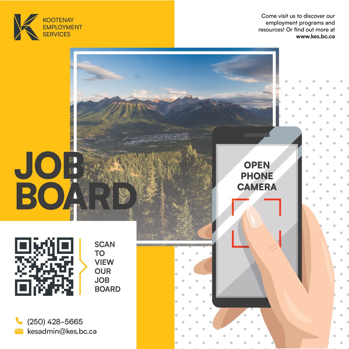 Looking for a job or have one to post? Our job board is here for you! You can browse jobs across the East Kootenays and post positions to a wide audience! Need some assistance? Our Employment Resource Advisors are here to help!
See our job board here: jobs.kes.bc.ca