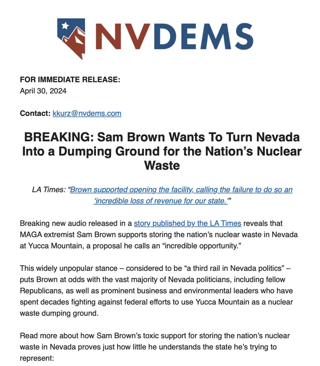 Harry Reid would be pleased to see his NV Dems continue to weaponize Yucca Mountain -- though some might argue it conflicts with Dems' policy goals around green energy by discouraging nuclear.