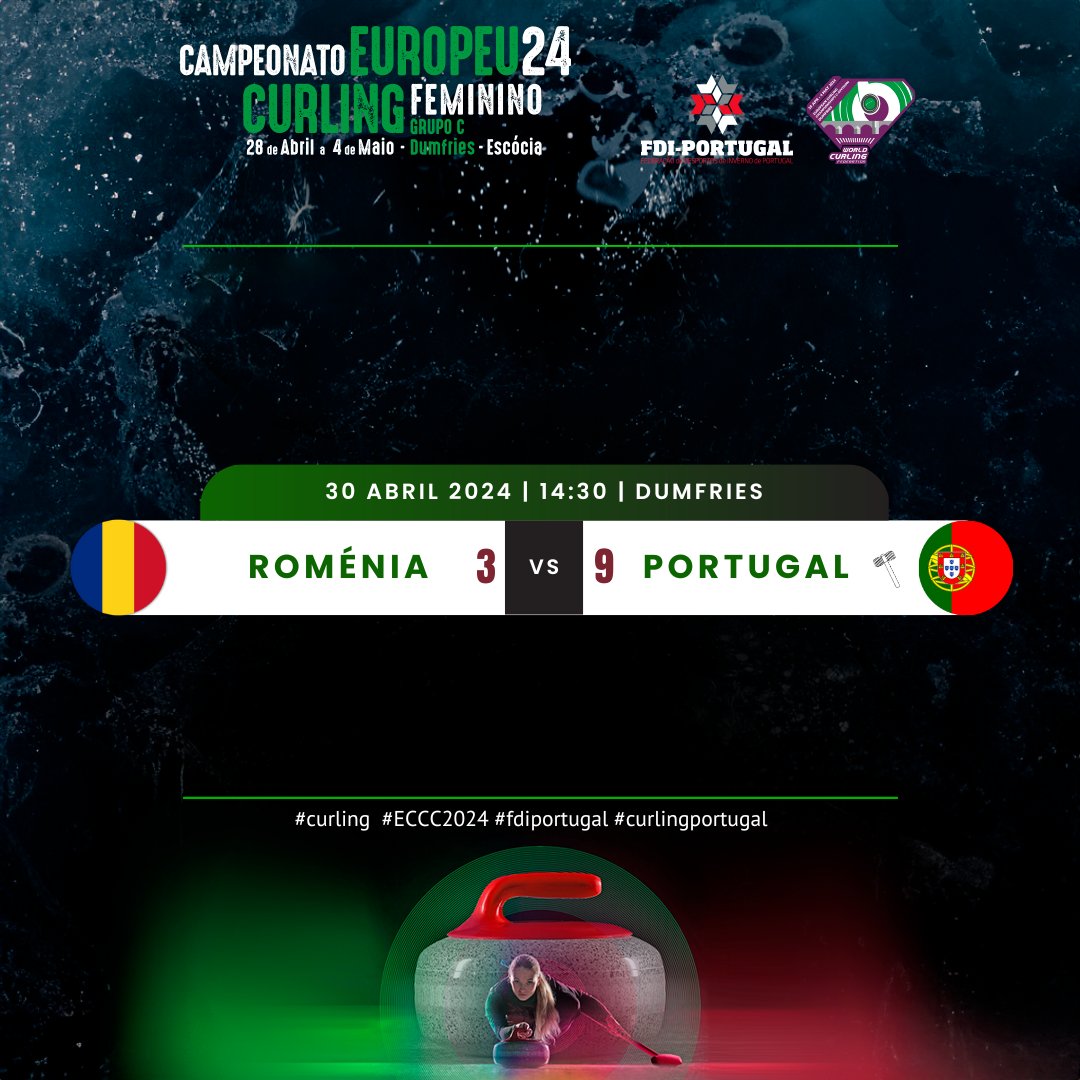 Resultado da 4ª sessão no #ECCC2024

🇷🇴 3- 9 🇵🇹

As #PortuGals conseguem a 2ª vitória, e têm um dia decisivo amanhã.

01/05 10:00  🇵🇹-🇺🇦 19:00  🇵🇹-🇳🇱

📺 Encontros comentados em 🇵🇹 no @CurlStadEurope

#fdiportugal #curling #curlingportugal