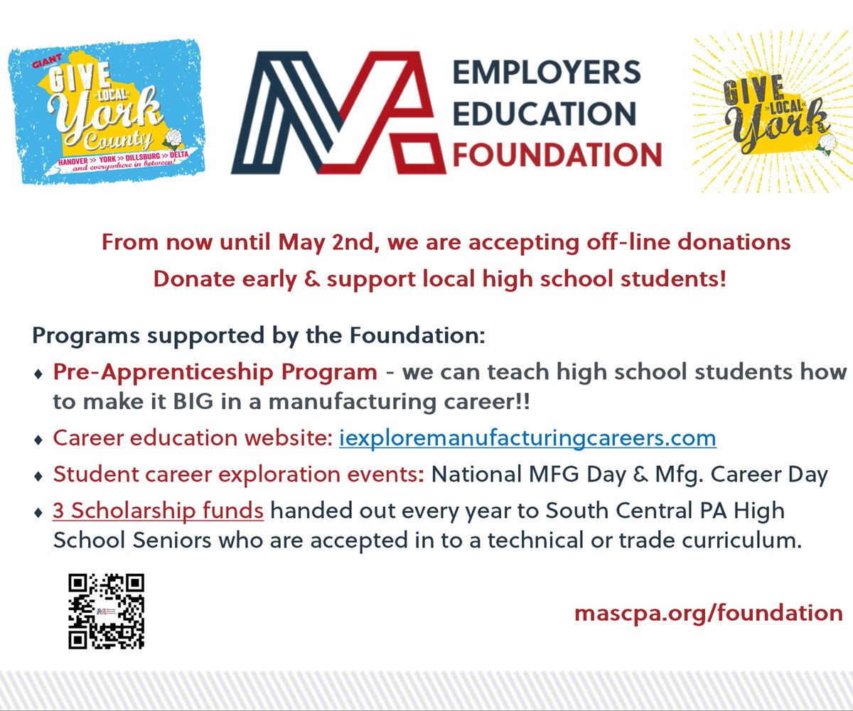 Congrats to the 72 high school Pre-apprentices from 4 counties that graduated from the Manufacturing Applied Technologies program! 
SUPPORT our Employers Education Foundation FRIDAY DURING GIVE LOCAL YORK: conta.cc/3K1hiau

#mascpa #gly #manufacturing #preapprenticeship