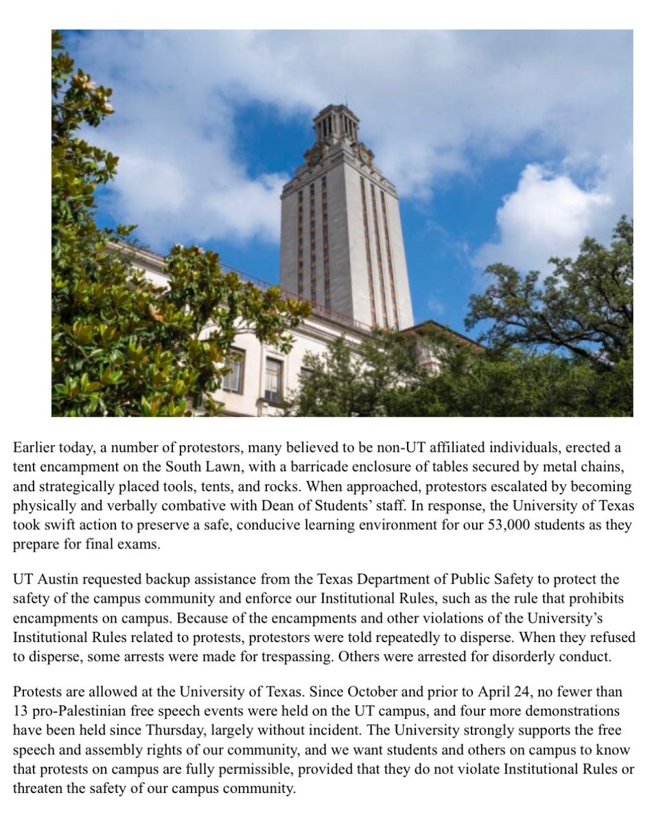 'A majority of the protesters are believed to be unaffiliated with the University' in an eye-opening @UTAustin statement. Outside #prohamas, demonstrators and student protesters declared a 'Liberated Zone' on campus and attempted to occupy the south lawn on campus. Once again,…