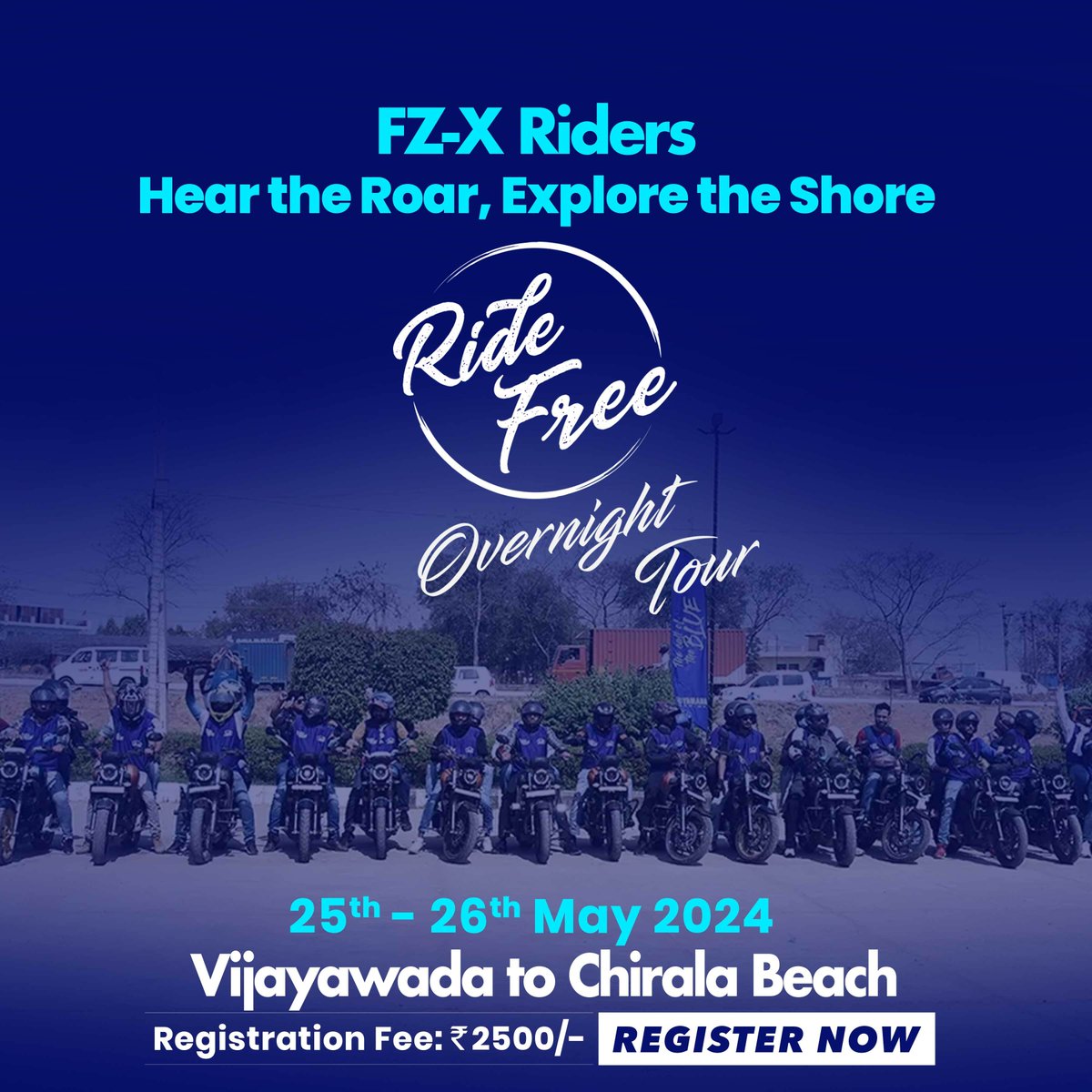 India_Yamaha's tweet photo. Calling all FZ-X Riders! Feel the thrill as we gear up to Explore the Shore on our overnight tour from Vijayawada to Chirala Beach.
Register Now: https://t.co/gw36pSpcNG
#FZX #Yamaha #YamahaMotorIndia #OvernightTour #YamahaRacing #RideFree https://t.co/egLrRO3Ob4