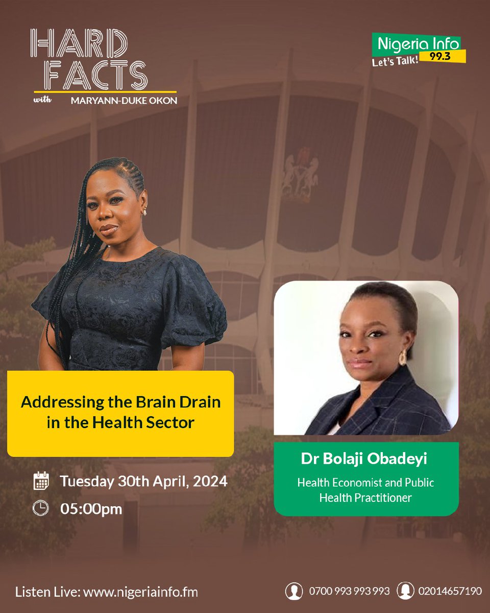 Big Hard Facts: Addressing the Brain Drain in the Health Sector

Dr. Bolaji Obadeyi @bobadeyi, Health Economist and Public Health Practitioner joins 
@mimieyo on #HardFacts 

#NigeriaInfoHF |

📻 nigeriainfo.fm/lagos/player/
☎️ 0700993993993
☎️ 0201 465 7190 (Female Only)
📩…