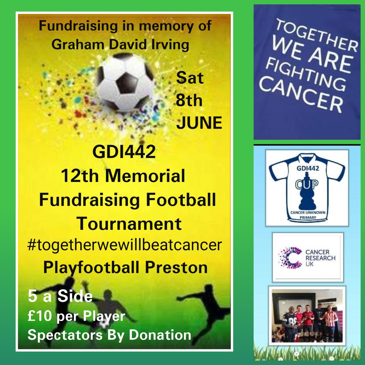 5-a-Side Competition - Saturday 8 June 2024 The Graham David Irving (GDI442 )Memorial 5-a-Side Football Tournament will be held on Saturday 8 June at the Playfootball Preston, VIDA Centre, Tag Lane, Ingol. All proceeds will be donated to Cancer Research. Teams from this League