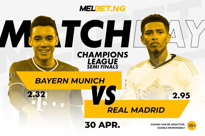 🏆 The Champions League has reached the semi-finals! Formidable Bayern 🆚 Powerful Real Madrid 💪🏾 Write in the comments who will emerge victorious from this pairing and support your favourite with Melbet Nigeria !💰 #ChampionsLeague #RealMadridBayern #BayernRealMadrid