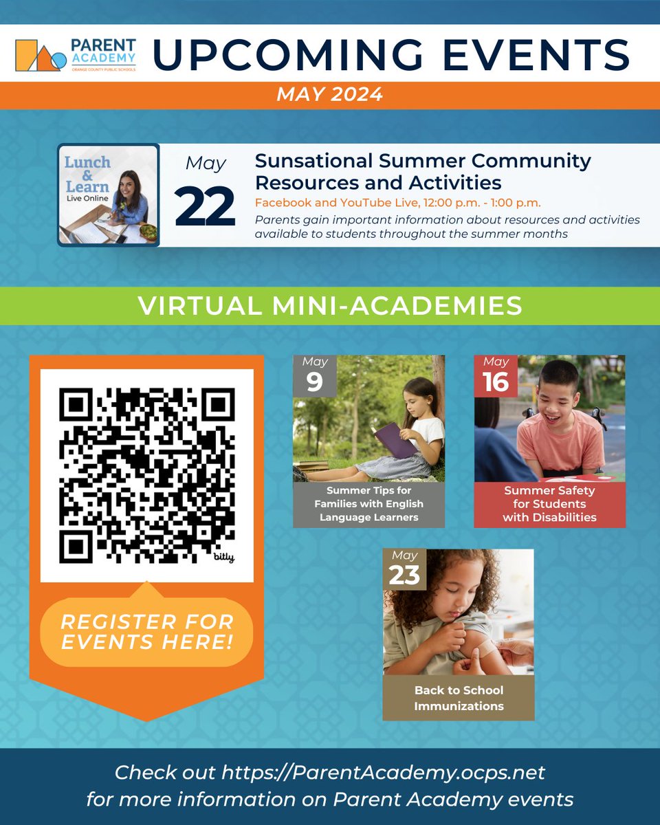 🌞📚Get ready for summer with this month's free virtual Parent Academy events! Register now at parentacademy.ocps.net.   

#ocps #ocpsmeanssuccess #WeAreOCPS #DigitalLearning #summer