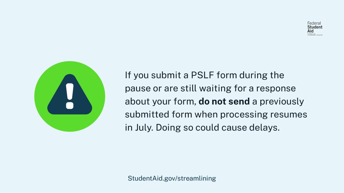 Attention PSLF Borrowers:​

Starting May 1, 2024, the Department of Education will be making updates to streamline the Public Service Loan Forgiveness (PSLF) Program. During this time, there will be a temporary processing pause for all PSLF forms, which ends in July 2024.​

Learn