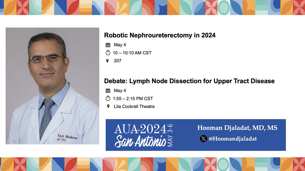 Join Dr. Hooman Djaladat (@Hoomandjaladat) at #AUA24 for his presentations on the latest updates in the management of Upper Tract Urothelial Carcinoma.
@USC_Urology  @AmerUrological @UroOnc #UTUC