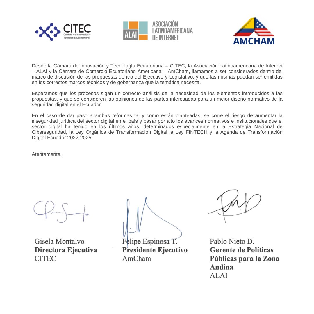 📌 #Comunicado 📃

Desde #CITEC, <a href="/amchamec/">AMCHAM Quito Ecuador</a>  y <a href="/alai_lat/">ALAI</a>  vemos con gran preocupación los proyectos normativos que estarían próximos a aprobarse en materia de tecnología y ciberseguridad dentro de la Asamblea y el Ejecutivo.