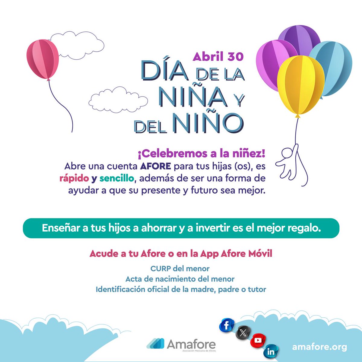 🔷¡Celebremos a la niñez! Abre una cuenta #Afore para tus hijas e hijos, es rápido y sencillo en @AforeMovil 🧮 ¡Enseñar a tus hijos a ahorrar e invertir, es el mejor regalo! 👧🧒🎈🎁 #Diadelniñoydelaniña #felizdiadelniño #felizdiadelaniña