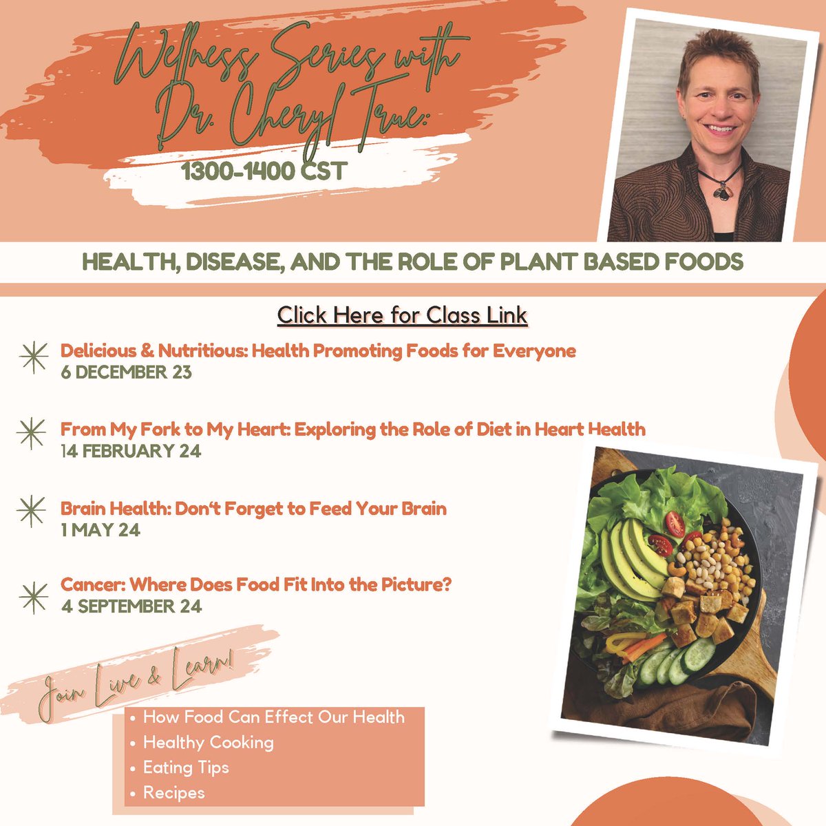 Join the Wellness Series with Dr. True to learn about how food can effect our health. The next class is on May 1 at 1 p.m. #LivingHealthy