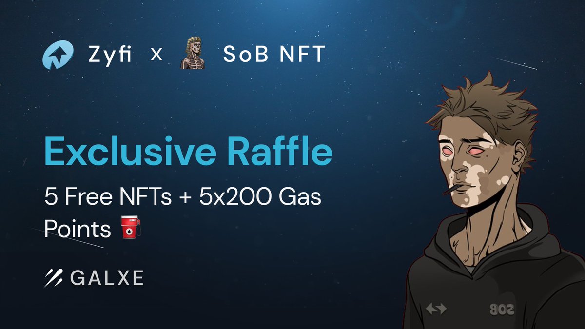 Try to win 5 SoB NFTs + Gas Points 🏆 ✅ Follow @Zyfi_org and @sobnfts on Twitter ✅ Like & retweet this tweet ✅ Join SoB Discord Server ✅ Swap on Zyfi without ETH as gas Grab your chance to win here 👉 app.galxe.com/quest/zyfi/GCM… By completing all these tasks, you could win: •…