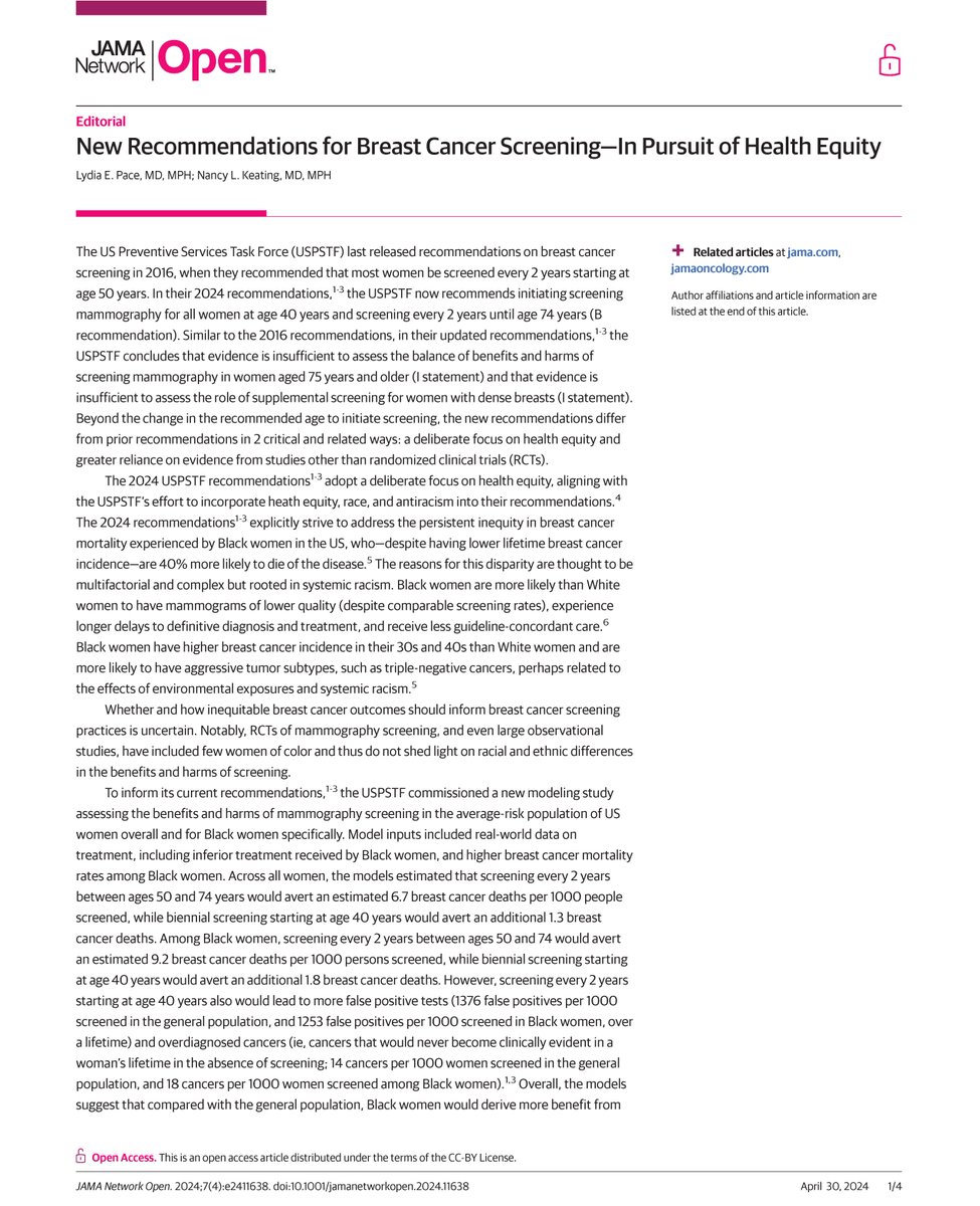 Read the Editorial by @lydiaepace & @NancyKeatingMD on new USPSTF recs: 'We suggest that health systems should instead measure receipt of high-quality shared decision-making about breast cancer screening starting at age 40 yrs.' ja.ma/3WgMH23