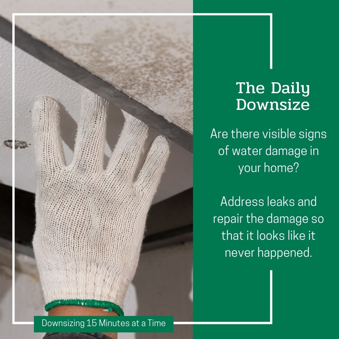 Water damage can be a silent troublemaker in your home, and if you’re thinking about selling, it’s a huge red flag for buyers. Repair any active leaks and erase any signs of damage.

#Downsize #Decluttering #Organizing #OrganizedLife #EmptyNest #RetiredLife #EmptyNester