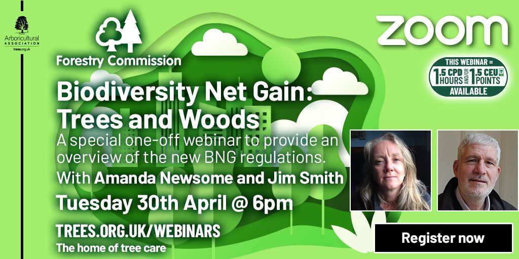 ⏰Our webinar starts in 1 hour! ⏰ Biodiversity Net Gain: Trees and Woods 📆 Tuesday 30th April ⏰ 6pm 📝 1.5 hours CPD/CEU ➡️ buff.ly/4dlDXxK
