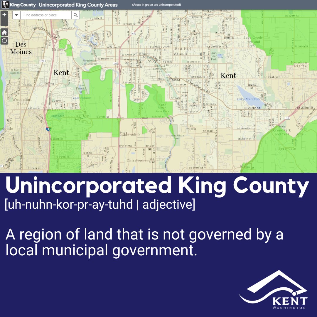 Exploring today's local government term: Unincorporated King County. Unsure what area is considered unincorporated? Take a look at the map at bit.ly/4ak7ZAz.