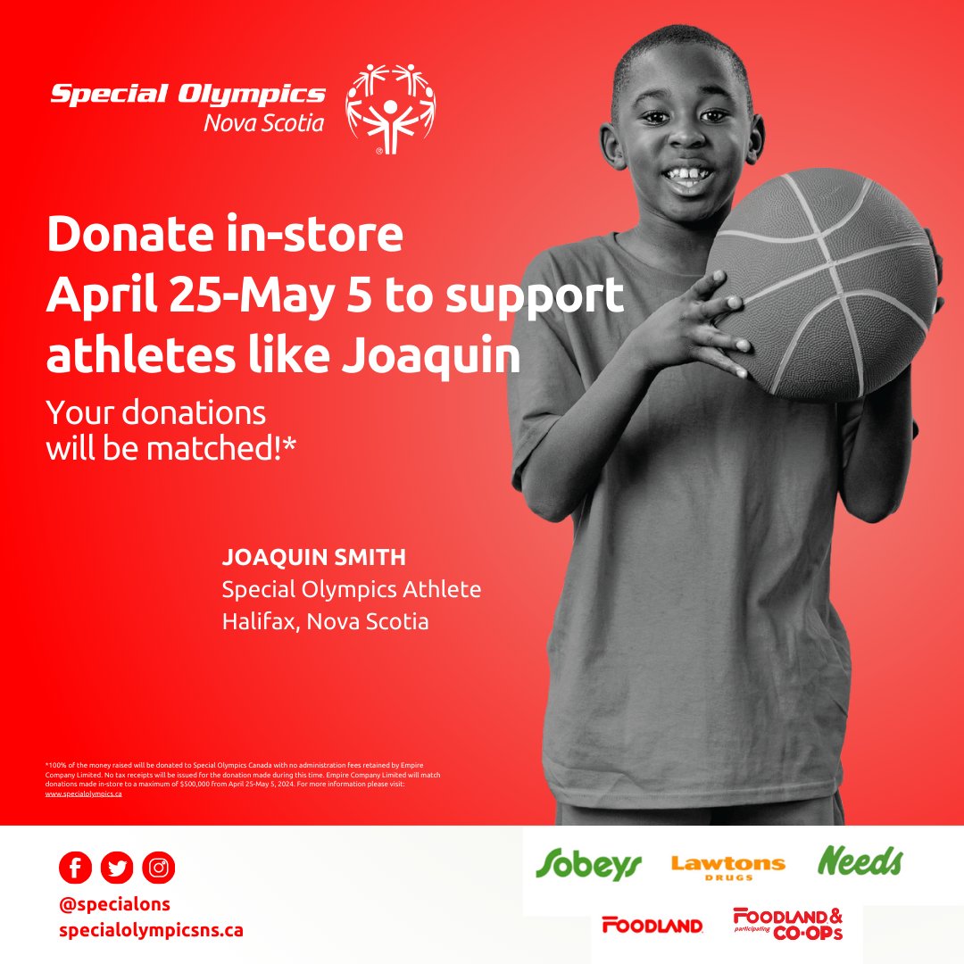 Reminder - Say 'YES' to donate $2.00 this week when you check out at @sobeys, @NeedsStores, @lawtonsdrugs in support of Special Olympics athletes in your communities.