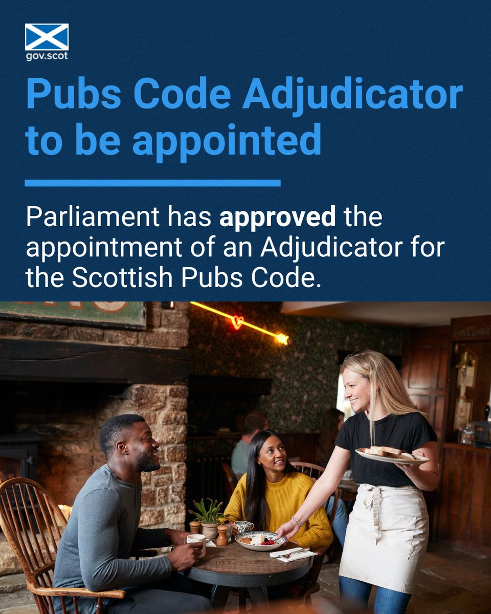 Parliament has approved the appointment of an Adjudicator for a tied pubs Code. Provisions of the Code include empowering eligible tenants to: 🔵 Sell a guest beer 🔵 Switch to a market rate lease and purchase products from any supplier More ➡️ bit.ly/Pubs-Code