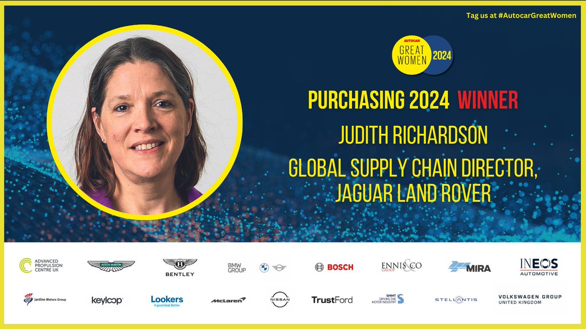 Congratulations to Judith Richardson, Global supply chain director at @JLR_News, who wins our Purchasing award 👏 #AutocarGreatWomen